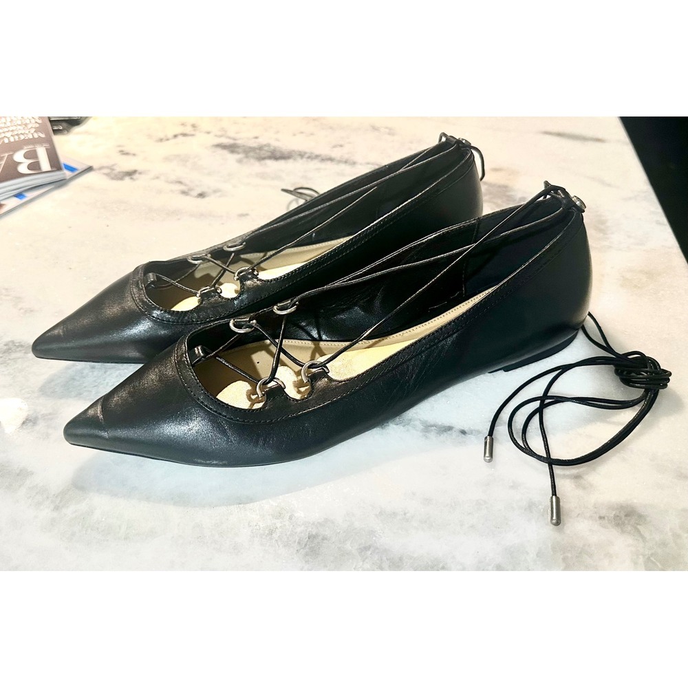 Michael‎ Kors Black Leather Pointed Toe Lace Up Ghillie Ballet Flats Womens - Picture 2 of 7